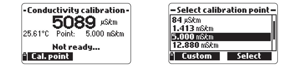 Dal menù Calibration scegliere Conductivity calibration, selezionare il tipo di calibrazione mediante i tasti freccia e premere Select per confermare.