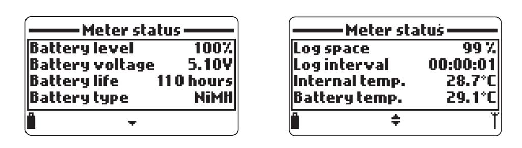 1 STATO STRUMENTO Selezionare Meter Status per visualizzare le informazioni relative alla batteria, alla registrazione, alla temperatura