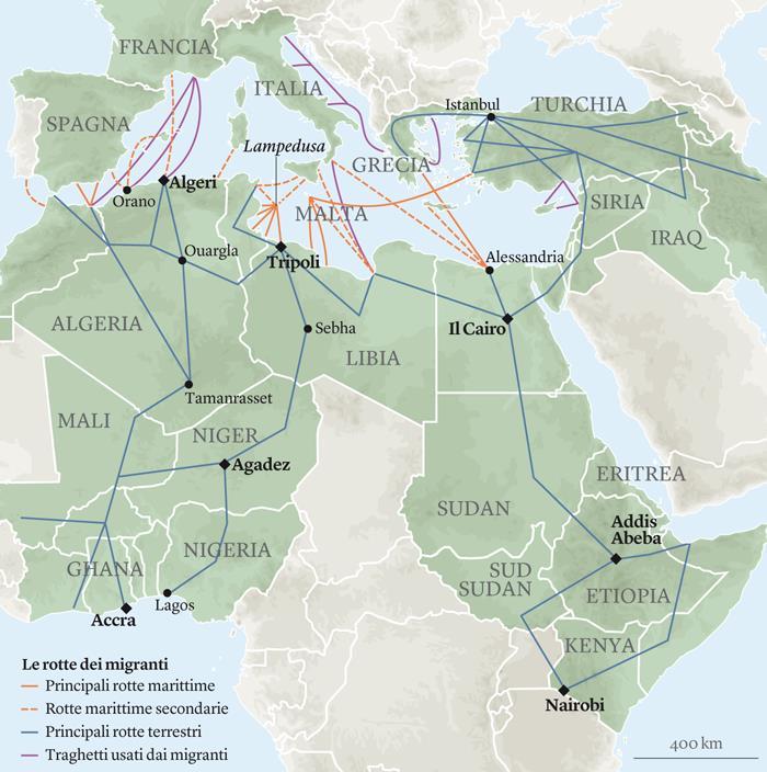 Il fenomeno migratorio in Italia oggi Le rotte Fonte: Internazionale, 21 aprile 2015,