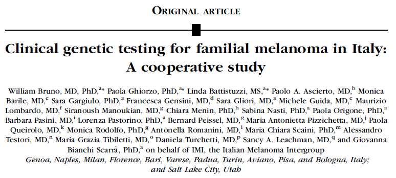 J Am Acad Dermatol 2009 in press 204 famiglie con 2 soggetti affetti di 9 centri Italiani Frequenza di mutazioni in CDKN2A: 33% Nelle 145 famiglie con 2