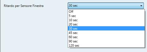 Sensore finestra (A/B) Parametri sensore Ritardo per sensore finestra 0 = Off Impostare dopo quanto tempo dalla rilevazione della 8 = 120 sec.
