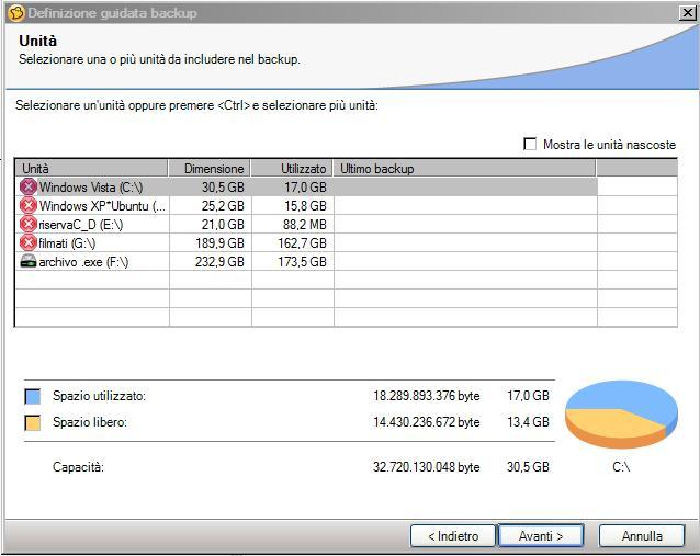 16 Ora passiamo alla definizione guidata backup Definizione guidata backup (Unità) selezionare una o più unità