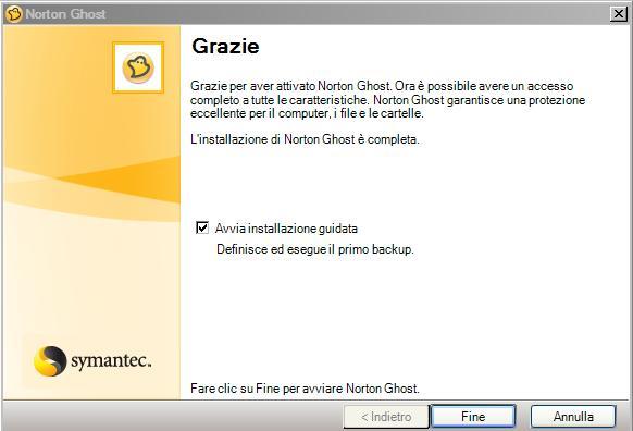 7 Se abbiamo inserito il serial richiesto ci apparirà la finestra <Grazie> grazie per avere attivato Norton Ghost.