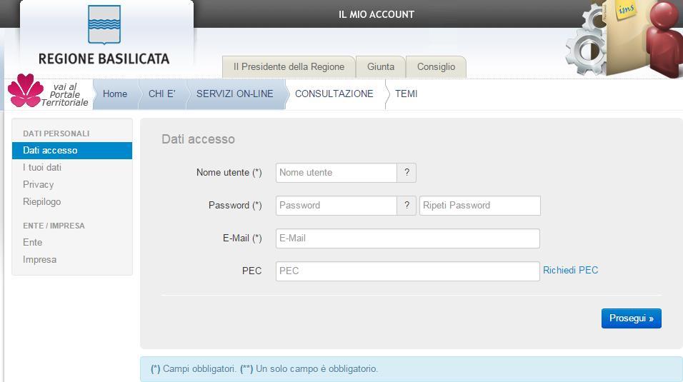 PRIMA FASE: registrazione 1. L'utente dovrà registrarsi online all'indirizzo: http://servizi.basilicatanet.it/servizi/index.