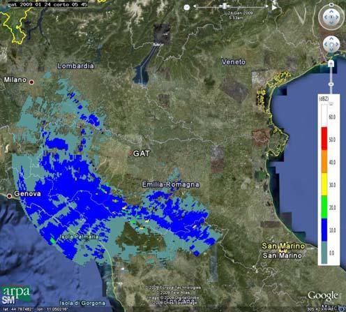 Mappa di riflettività del 24/01/2009 alle 05:45 UTC (a