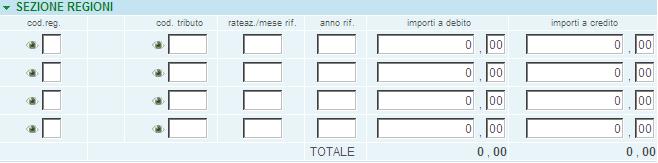 Inserisca nella sezione Regioni il codice tributo e gli importi.
