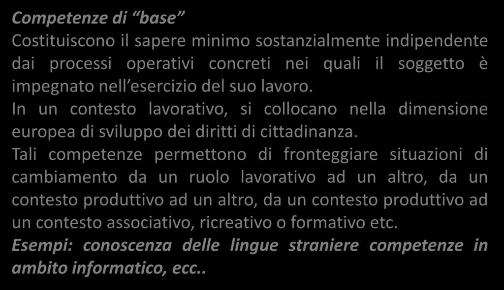 Il modello ISFOL - Classificazione delle Competenze Competenze di base Costituiscono il sapere minimo sostanzialmente indipendente dai processi operativi concreti nei quali il soggetto è impegnato