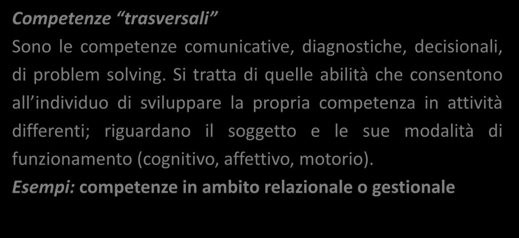 Il modello ISFOL - Classificazione delle Competenze Competenze trasversali Sono le competenze comunicative, diagnostiche, decisionali, di problem solving.