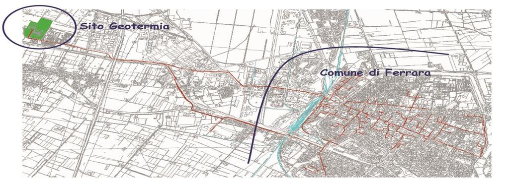 La figura riporta la planimetria del sistema di teleriscaldamento di Ferrara e l ubicazione del sito geotermico rispetto alla città, nonché le condotte principali di trasporto calore (distribuzione