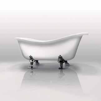 Ethos Vasca in vetroresina bianca, completa di colonna di scarico e staffe di fissaggio, con piedi cromati. White fiberglassbath-tub with draining column, chromed siphon and fixing brackets.