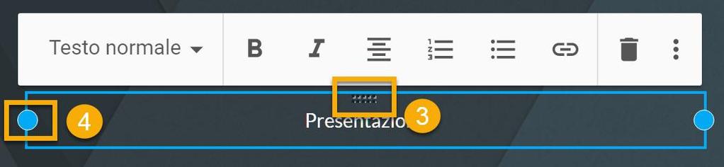 1) Grandezza del testo 2) Altre opzioni di formattazione 3) Maniglia per