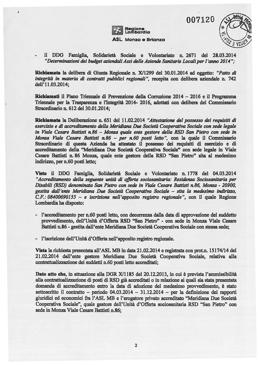 lombardia 007120 il DDG Famiglia, Solidarietà Sociale e VoIontariato n. 2671 del 28.03.