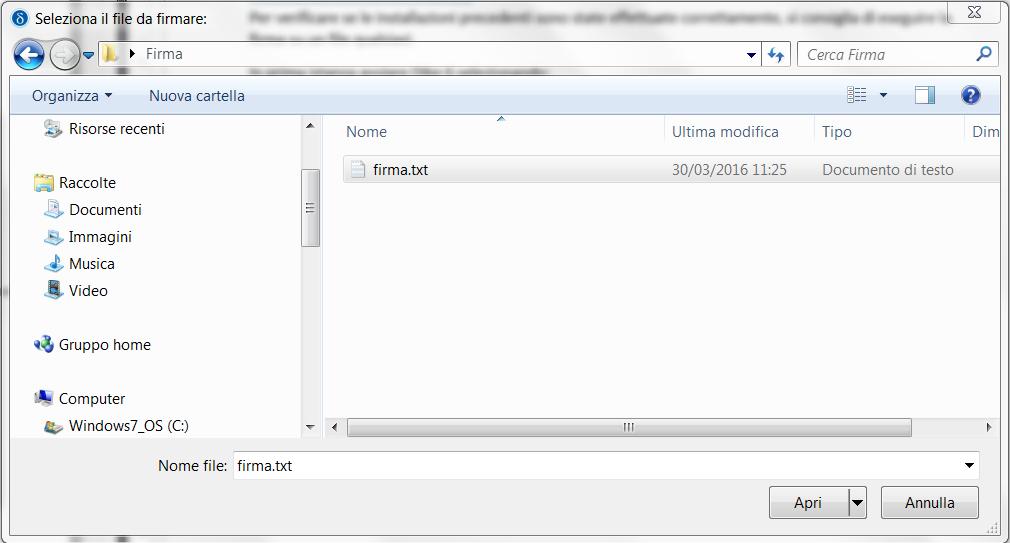 Pertanto scegliere il Firma b. Scegliere un FILE come, ad esempio, firma.txt.