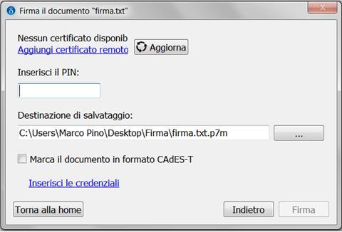 Inserito il PIN giusto sarà possibile premere Firma e quindi apparirà una finestra in caso di operazione compiuta con successo.
