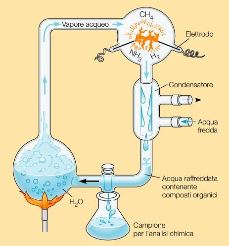 Due bocce di vetro riempite rispettivamente di acqua tenuta ad alta temperatura(mare primordiale) e di una miscela di idrogeno (H 2 ), ammoniaca (NH 3 ) e metano (CH 4 ), cioè di quei gas che,