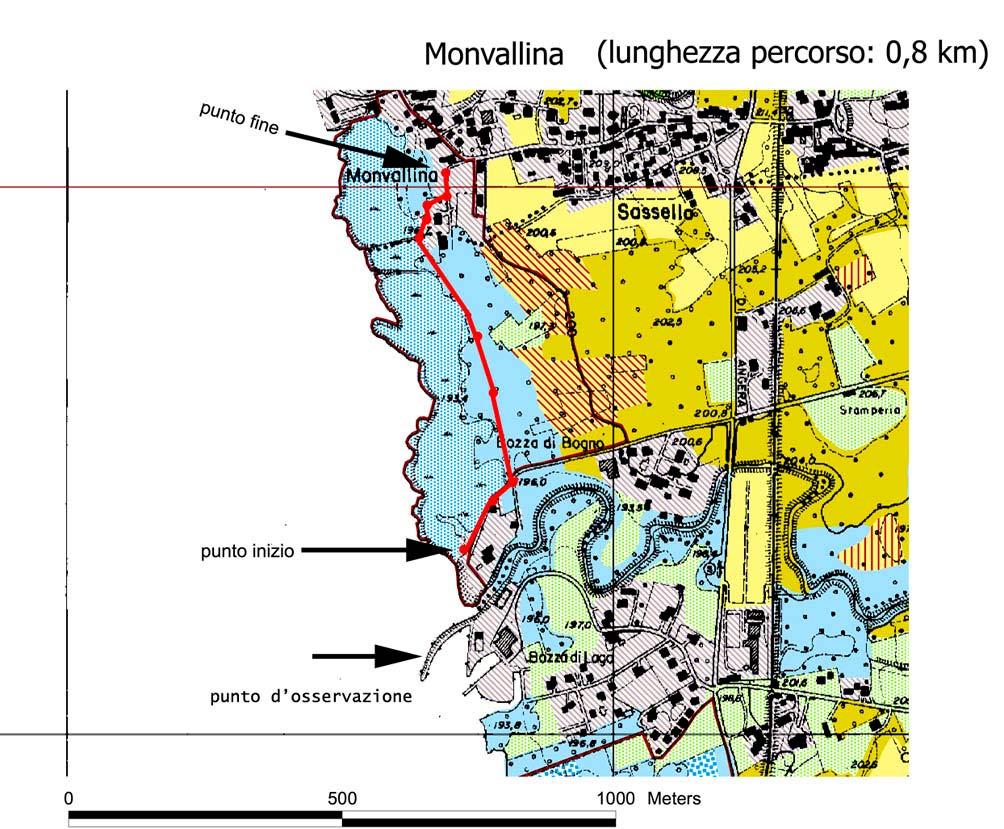 Settore Monvallina L area della Monvallina costituisce il settore più settentrionale della ZPS: nel monitoraggio è stato previsto sia un percorso standardizzato di censimento, con lunghezza di 0,8