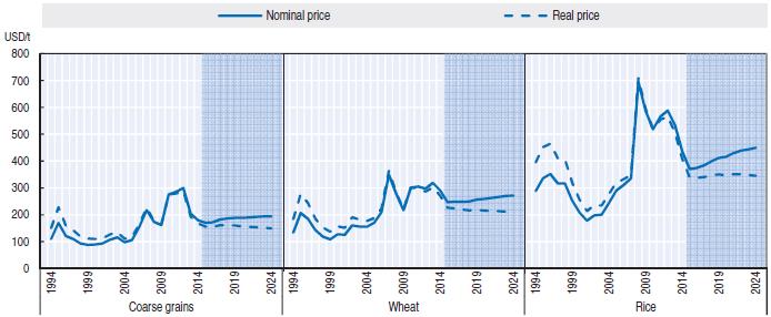 Livelli dei prezzi con scenario pessimistico - realistico - Le previsioni dell outlook OECD FAO 2015-2024 indicano un trend dei prezzi delle commodities in discesa nel medio