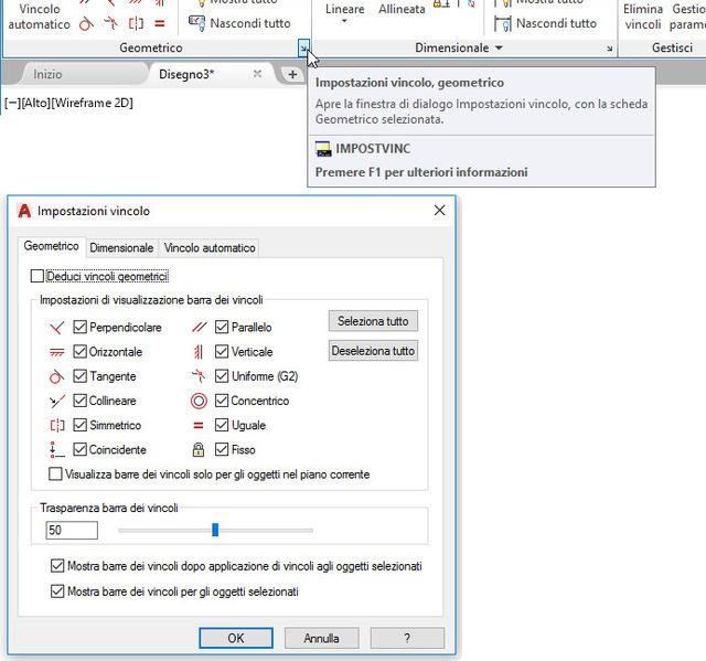 scheda Geometrico controlla la visualizzazione delle barre dei vincoli, la trasparenza e altre impostazioni. Figura 7.