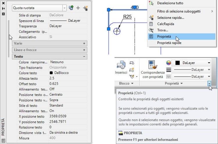 Figura 8.2 La tavolozza Proprietà e le modalità per attivarla.