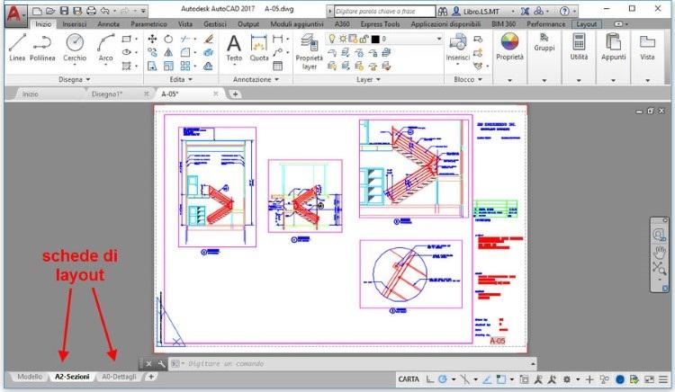 Figura 1.18 Viste di un disegno impaginate in un layout. La gestione dei layout si può effettuare semplicemente con l elenco delle schede di layout, che si trova a sinistra sotto l area di disegno.