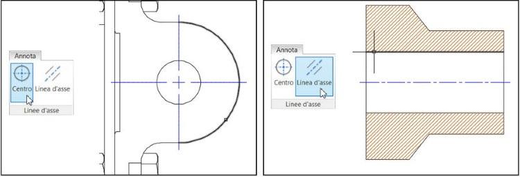 Linee d asse associative Il pannello Annota > Linee d asse contiene due funzioni utili per aggiungere contrassegni dei centri e assi di simmetria nel disegno (Figura 11.32).