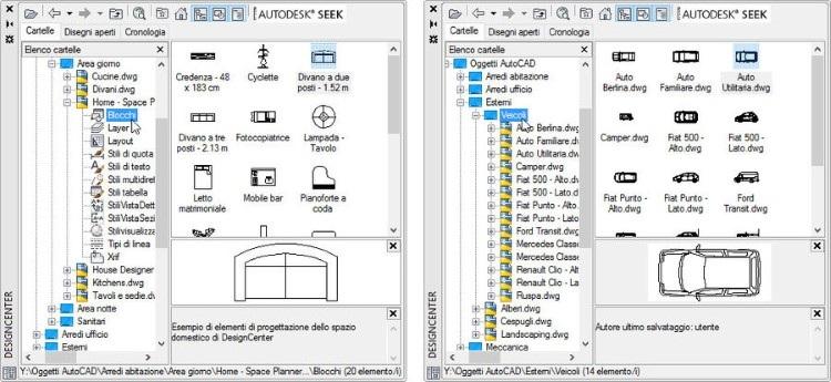 Librerie di simboli È possibile inserire un blocco nel disegno corrente utilizzando come fonte due differenti tipi di oggetti: i blocchi esistenti nei file di disegno o i file di disegno stessi.