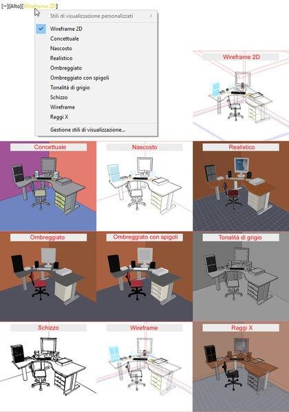 Stili di visualizzazione AutoCAD offre la possibilità di lavorare e stampare visualizzando gli oggetti tramite diversi stili di visualizzazione personalizzabili.
