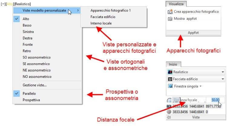 Viste e apparecchi fotografici I Controlli finestra, oltre alla scelta degli stili di visualizzazione, offrono un menu relativo alle viste preimpostate (Figura 14.