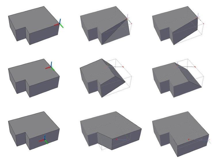 Figura 14.18 Le modifiche applicate a un solido intervenendo sui suboggetti vertice (alto), spigolo (centro) e faccia (basso).