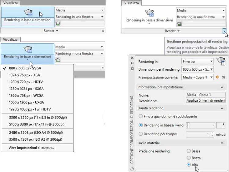 Figura 14.40 Il pulsante per il rendering e le impostazioni disponibili. Il risultato del render viene visualizzato nella finestra Rendering (Figura 14.