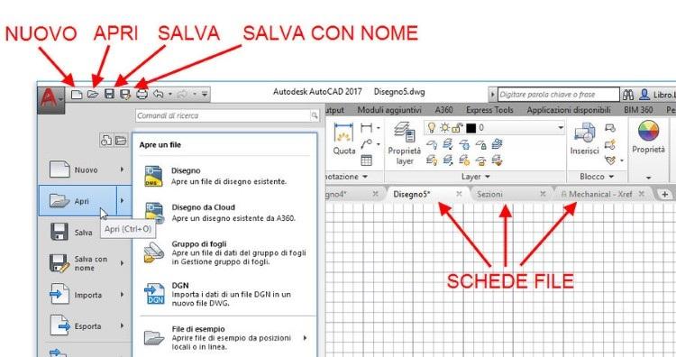 Comandi Apri e Salva con nome In AutoCAD i comandi di apertura, salvataggio e creazione dei disegni possono essere attivati velocemente mediante i pulsanti disponibili nella barra degli strumenti