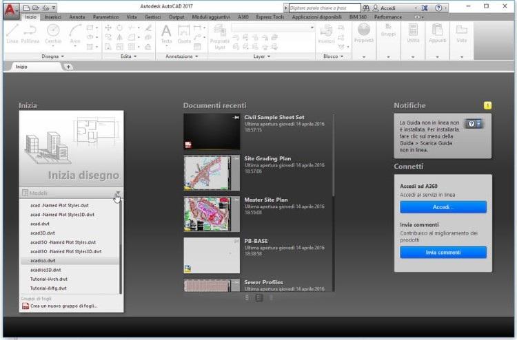 Figura 2.5 Nella schermata Inizio si può scegliere il modello di disegno da cui partire. NOTA I file di modello di AutoCAD hanno l estensione.