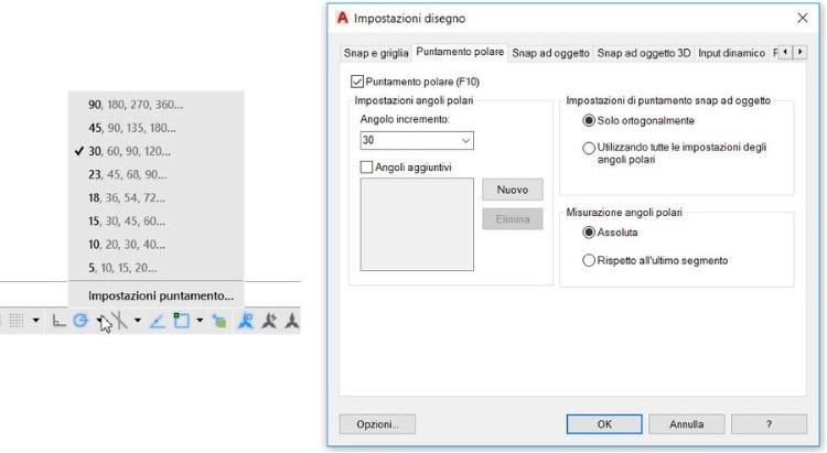 A differenza di Modalità orto, con Puntamento polare si possono fissare ulteriori direzioni su multipli di un angolo fissato, oltre a quelle parallele agli assi.