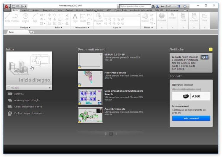 Schermata iniziale All avvio AutoCAD mostra la schermata Inizio (Figura 1.