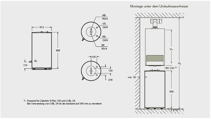 Logamax U152/U154 con S120 Montaggio sotto la caldaia 1) adatto per S-Flex 120 e U-BL24.