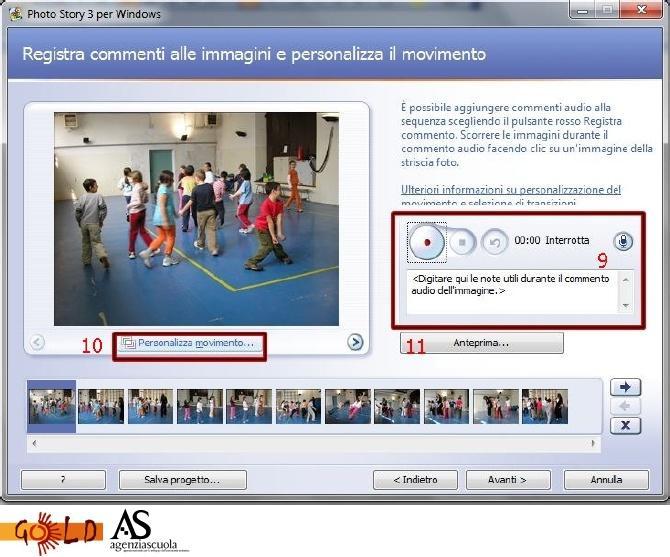 In questa fase è possibile: 9. "registrare una nota vocale" per ogni singola fotografia del video; 10.