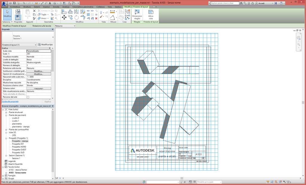 A questo punto, selezioniamo il disegno dell alzato e lo spostiamo (modifica/sposta) in modo che il medesimo punto in alzato sia allineato alla stessa linea della griglia di riferimento.