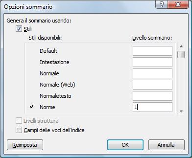 AM3 Elaborazione testi livello avanzato 31 Figura 3.31 Finestra di dialogo Opzioni sommario.