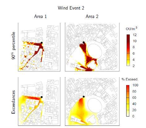 Valutazione di impatto odorigeno in area urbana isocontorni della frequenza di superamento indicano che, in queste aree, un odore debole sarà percepibile per più del 50% del tempo.
