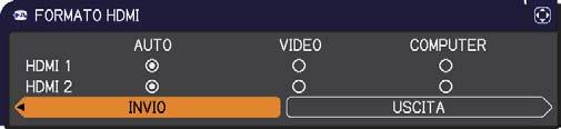 Menu IMMET Voce FORMATO VIDEO FORMATO HDMI GAMMA HDMI Descrizione È possibile importare il formato video per la porta VIDEO IN. Tramite i pulsanti / si modifica la modalità del formato video.