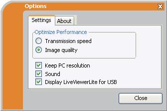 Strumenti di presentazione Display USB(Computer Windows) (continua) Finestra Opzioni Se si seleziona il tasto opzione sul menu Mobile, viene visualizzata la finestra Opzioni.