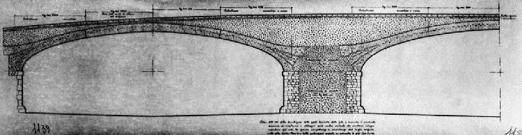 E. Brizzi, sezione longitudinale per la ricostruzione del ponte, 1953 (da Belluzzi-Belli, 2003). E.