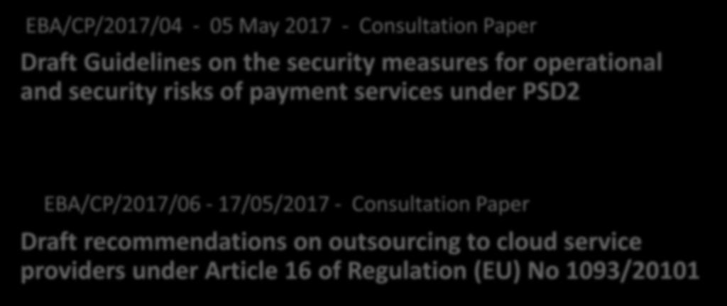Ultimissime pubblicazioni EBA in tema di sicurezza EBA/CP/2017/04-05 May 2017 - Consultation Paper Draft Guidelines on the security measures for operational and security risks of payment services