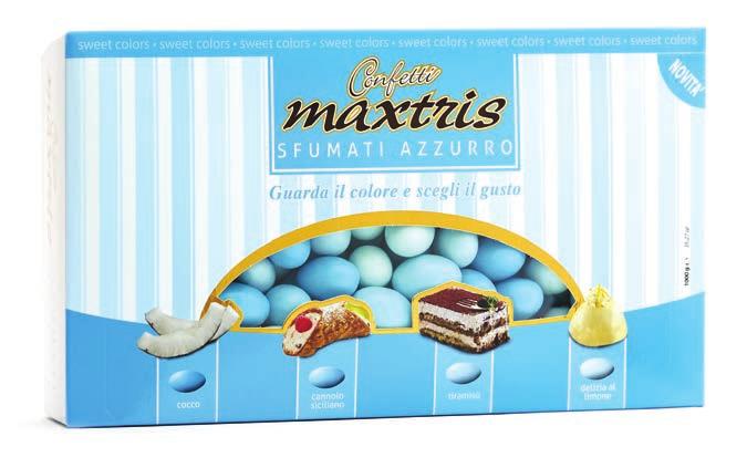 GLI SFUMATI Confezioni da 1 kg Maxtris sfumati azzurro (Gluten Free) Mandorla tostata avvolta da uno strato di cioccolato bianco ai gusti: cocco, cannolo siciliano, tiramisù e delizia al limone,