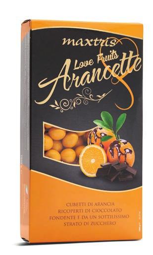 LOVE FRUITS Confezioni da 1 kg Love Fruits Arancette (Gluten Free) Scorzette di arancia candita avvolte da uno strato di cioccolato fondente, ricoperto da un sottile strato di zucchero.