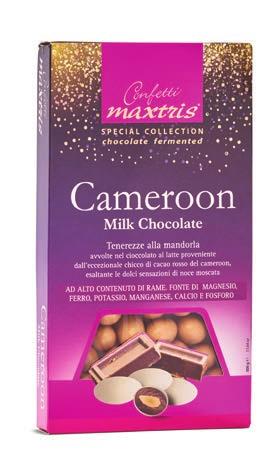 Toasted almond in milk chocolate containing cocoa mass from Cameroon, in a thin layer of sugar.