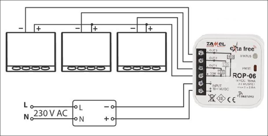 Ricevitore ROP-06 Alimentatore Modulo con tre uscite MOSFET (carico max per canale 2,5 A) con polo positivo in comune.