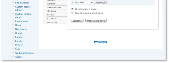 Impostazioni: accesso È presente una select list per aggiungere regole di accesso Codice PHP a mano Tema corrente Utente loggato.