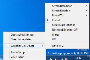 3. Base docking USB 3. Fare clic sull'icona DisplayLink. Viene visualizzato un menu contenente diverse opzioni descritte di seguito. Per ulteriore assistenza Visitare http://www.displaylink.