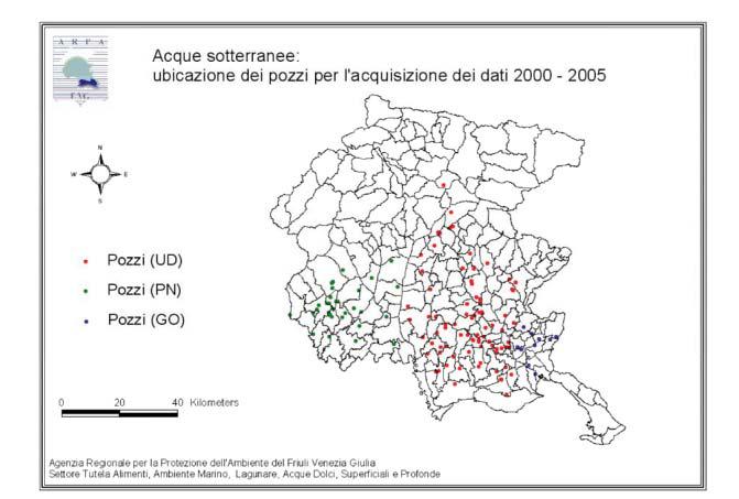 Capitolo 3 - Sottosuolo e acque sotterranee 25 Figura 1. Rete dei pozzi di monitoraggio a) Zone vulnerabili da nitrati di origine agricola.